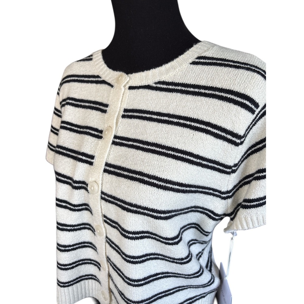 Song of Style Aimee Song Ivory & Black Striped Short Sleeve Button Up Sweater,XL - Picture 2 of 8